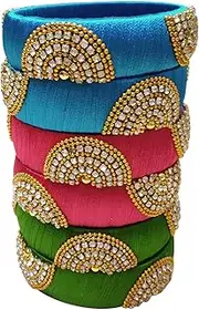 GOELX Festive Offer: Designer Handcrafted Ethnic Half Moon Silk Thread 6 Kada Bangles Combo for Women in, Silk Thread, Turquoise Blue, Pink & Green, 2.8