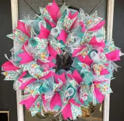 Pretty Aqua Floral & Pink Spring Summer Deco Mesh Wreath Farmhouse Cottage Decor