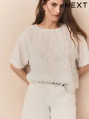 Cream Textured Fringe Short Sleeve Crew Neck Top (AM7808) | $64