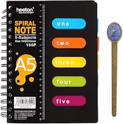 Notebook, Spiral Wirebound 5 Subject Divider A5 Project Journal PP Hardcover 150 Sheets Lined Planner Organizer Memo Pad Diary Journal with 5 Colored Tabs