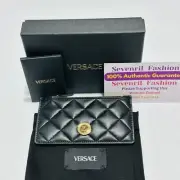 Versace Medusa Card Case Holder Wallet Women's Black Quilted Leather Top Zip NIB