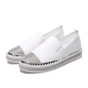 Catzon Womens Slip On Casual Loafers with Rhinestone Memory Foam Insoles Platform Flats-White