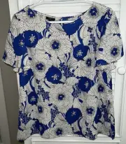 Talbots blue and white floral print woven chiffon short sleeve blouse Size LP