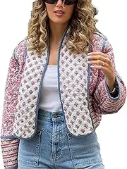 [VAOYIU] Women's Cropped Puffer Jacket Vintage Cardigan Floral Printed Lightweight Open Front Padded Quilted Coats