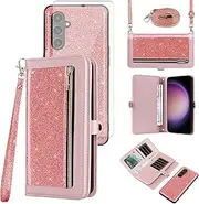 [Asuwish] Phone Case for Samsung Galaxy S23 FE 5G Zipper Wallet Detachable Cell Cover with Tempered Glass Screen Protector Crossbody Strap Bling Glitter Flip Card Holder S 23 EF S23FE 23S Women Pink
