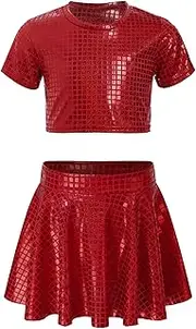 [Yihuimin] Kids Girls Modern Jazz Hip Hop Dance Outfit Shiny Metallic Dance Crop Top and Mini Skirt Set