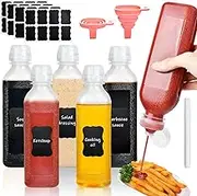 Akamino 16 Oz Condiment Squeeze Bottles, 5 Pack Plastic Squeeze Squirt Bottle with Flip Top Cap, Multipurpose Squirt Bottles for Oil,Hot Sauce,Ketchup,BBQ(2 Silicone Funnel,5 Chalk Labels And 1 Pen)