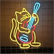 Hanging Art Neon Signs Playing Guitar Cat Neon Sign for Wall Decor Dimmable Light Up Signs Neon Lamp for Bedroom Store Music Bar Party Decor Home 32cmX41cm