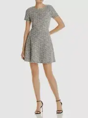 $165 Aqua Women's White Black Tweed Short-Sleeve Fringe-Trim Shift Mini Dress L