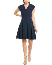REBECCA TAYLOR Navy Blue V-Neck Fringe Raw Edge Trim Tweed Fit Flare Dress 2