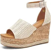 [R.gallica] Womens' Open Square Toe Wedge Platform Espadrille Ankle Buckle Strappy Cork Sole Braided Summer Sandals