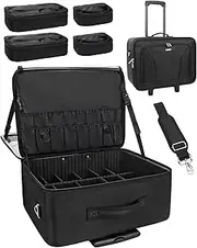 [MONSTINA] Rolling Makeup Train Case,Professional Cosmetics Beauty Hairdresser Bag with Shoulder Strap, Black, rolling makeup train case*1, Trolley Oversized Cosmetic Case