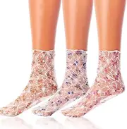 [Miaband] Floral Lace See Through Socks Tulle Loose Sheer Socks Textured Mesh Cool Ankle Socks for Women and Girls 3 Pairs, Blue, One Size