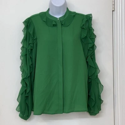 ZARA Women Green Ruffled Chiffon Top/ Blouse, Green, Long Sleeve, Size S, NEW