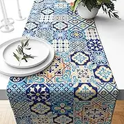 AnyDesign Blue Tile Print Table Runner Vintage Patchwork Kitchen Dining Table Decoration Spanish Style Table Cover for Home Kitchen Party Restaurant Supplies, 13 x 72 Inch
