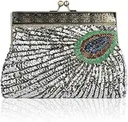 [Ymall] Women Sequin Beaded Evening Bag Vintage Peacock Clutch Bag Wedding Party Handbag