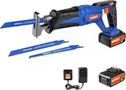 [SORAKO] Reciprocating Saw, 18 V Battery Reciprocating Saw with 4.0 Ah Batteries, Variable Speed from 0-3000 SPM, Stroke Length 20 mm, 2 Saw Blades, Quick Charger, Quick Release Chuck, Cutting for Wood
