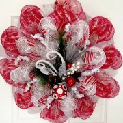 Red, Silver, White Raz Ornament Spray Holiday Handmade Deco Mesh Wreath