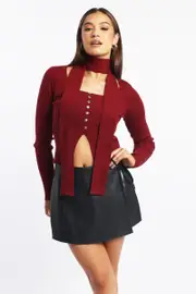 Red Knit Top Long Sleeve Scarf - Size 14L, Women's Crop Knitted