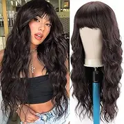 Long Wavy Wig with Bangs 26 Inch Synthetic Natural Wavy Wigs for Women Heat Resistant Synthetic Wigs for Daily Party Use (Brown)