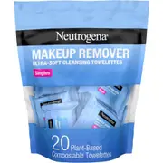 Neutrogena Makeup Remover Facial Cleansing Towelette Singles, Daily Face Wipes Remove Dirt, Oil, Makeup & Waterproof Mascara, Gentle, Individually Wrapped, 100% Plant-Based Fibers, 20 ct