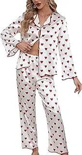 [Generic] Women's Satin Pajama Sets Sleepwear Heart Print Button Up Shirt and Pants