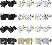 [BVLAGIDA] 12 Pairs of Men's Stainless Steel Stud Earrings Set, Hypoallergenic Ear Piercing, Silver/Gold/Black, Cubic Zirconia Stud Earrings for Men and Women