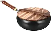 Frying Pan, Deep Fry Pan with Wooden Handle, Heavy-Duty Kitchen Tool, Heat-Resistant, Flat Bottom Induction Cookware for Home Hotel Restaurant
