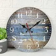 Wooden Wall Clock Silent Non-Ticking , Wood Old Retro Vintage Wooden Round Rustic Coastal Wall Clocks Decor for Home Kitchen Living Room Office, Battery Operated(12 Inch)