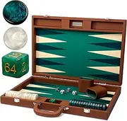 Pointworks 19 Inch Premium Backgammon Set for Adults - Leather Brown - Green. Premium 1.6 Inch Checkers & Dice Set, Travel Backgammon Set, Large, 2-Player, Ages 12+
