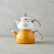 Retro Mustard Enamel on Steel Turkish Samovar Teapot Set 1.1 lt + 2.3 lt