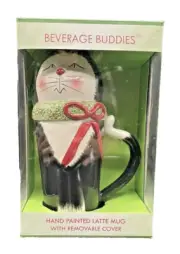Oneida Beverage Buddies Tuxedo Christmas Cat Hand Painted Latte Mug with Lid
