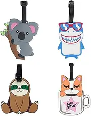 [JANTONOR] 4 PCS Cute Animal Travel Luggage Labels with Name ID Cards and Straps, Silicone Cartoon Koala Sloth Shark Dog Luggage Tags for Suitcase Bag Baggage