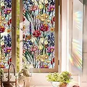 Stained Glass Window Film UV Resistant Window Privacy Film Colorful Flowers Privacy Rainbow Decals Living Room Bedroom Sun Blocking Decor Removable Static Cling Stickers 17 x 78.74 Inch