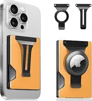 BESSIO Magnetic Phone Wallet Compatible with Apple MagSafe - Metal Card Holder with AirTag Holder, RFID Blocking & Money Clip Mag Safe Wallet for iPhone 16 15 14 13 12 Pro Max/Pro/Plus/Mini, Orange