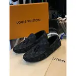 LOUIS VUITTON LV黑色老花設計 牛仔布 男生豆豆鞋
