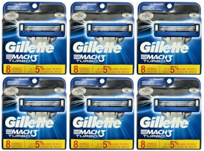 Gillette Mach3 Turbo Razor Blade Cartridges. 8 Count (6 Pack)