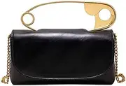 [Kawlxpp] Women's Small Black Soft Pin Shaped Vegan Leather Crossbody Purse Bag with Gold Metallic Handles & Chain