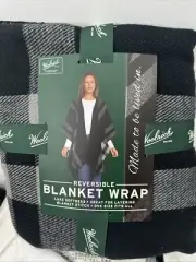 Woolrich Reversible Fleece Blanket Wrap Black Plaid Womens OSFM