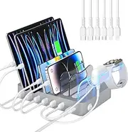 SooPii Premium 6-Port USB Charging Station Organizer for Multiple Devices, 6 Short Charging Cables and One Upgraded i-Watch Charger Holder Included, for Phones, Tablets, and Other Electronics,Silver