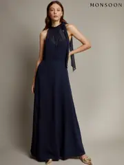 Monsoon Blue Monika Halter Chiffon Maxi Dress (F83245) | $346