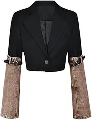 [Bciopll] Women's Vintage Color Contrast Patchwork Cuff Belt All Matching Denim Short Coat
