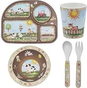Lesser & Pavey 4 Piece Baby Dinner Set Bowl, Fork, Spoon, Plate and Cup - Farm, Mermaid, Safari, Sea Life or Space Fun Designs (Farm)