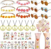 Whaline 77Pcs Groovy Hippie Party Accessories Daisy Flower Headbands Hippie Round Flower Glasses Peace Sign Necklace Temporary Tattoos for Retro Boho Costume Accessories Kids 60s 70s Party Gifts