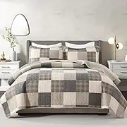 DUOHONG 100% Cotton Quilt Set Queen Size - Reversible Quilted Comforter, Patchwork Plaid Queen Quilt Bedspread, Modern Farmhouse Lightweight Bedding for Queen Bed, 3pcs, Charcoal/Beige/Brown