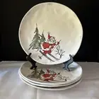 Set of 4 ELI + ANA Whimsy Santa Skiing Christmas Holiday Ceramic Dinner Plates