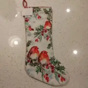 Nicole Miller 22" Christmas Stocking Red Birds Beads Holly Snowflakes Branches