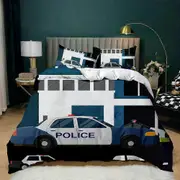 v1253 Bed Sheets Police Car Duvet Cover Black Policeman Car Twin Bedding Set Cartoon Vehicle Comforter Cover Red Cop Lights Polyester Quilt Cover 3-Pi