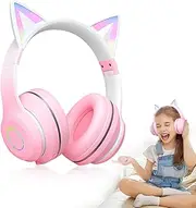 Cat Ears Wireless Earphone,Foldable Headphones with Kids Headphones, Soft Over Ear LED Light Music Headset,Adjust Headband,3.5mm Audio, Stereo Gaming Headset for Boys Girls Adults Gifts (Pink)