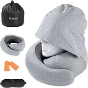 Vzpeun Travel Pillow - Hooded Neck Pillow Airplane, Memory Foam Pillow for Plane, Office, Cars Sleeping, Long Flight Must Haves, Road Trip Essentials Accessories for Adults (Light Gray)